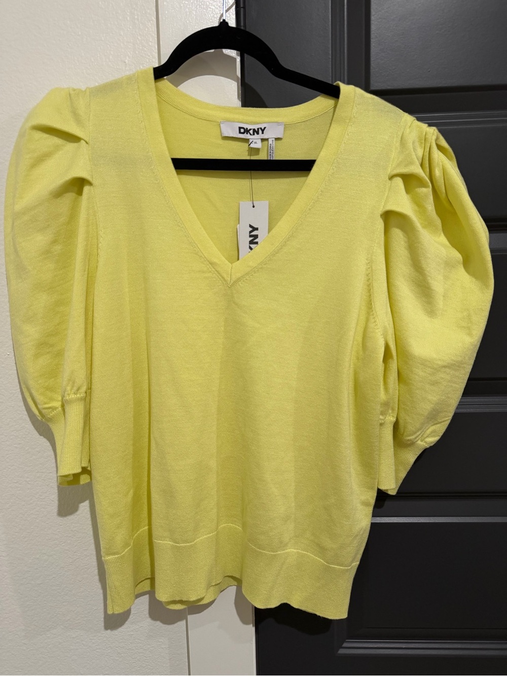 DKNY Lemon Yellow V-Neck Puff Sleeve Knit Top